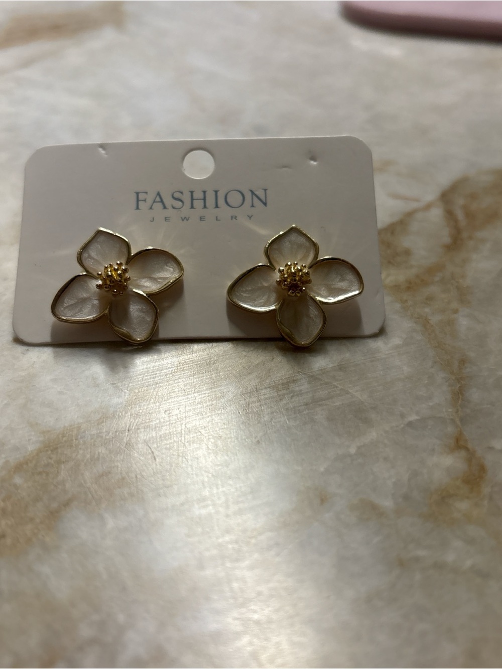 FASHION Jewelry Cream and Gold Floral Enamel Stud Earrings
